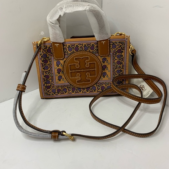 Handbags - Authentic New W Tags Tory Burch Ella Printed Mini Tote Brown Floral Daisy Border
